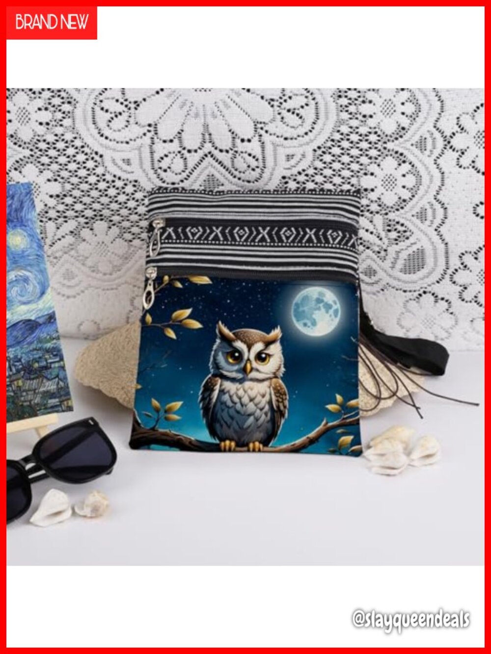 Owl Print Crossbody Bag Polyester Adjustable Strap Double Zipper - Picture 2 of 6